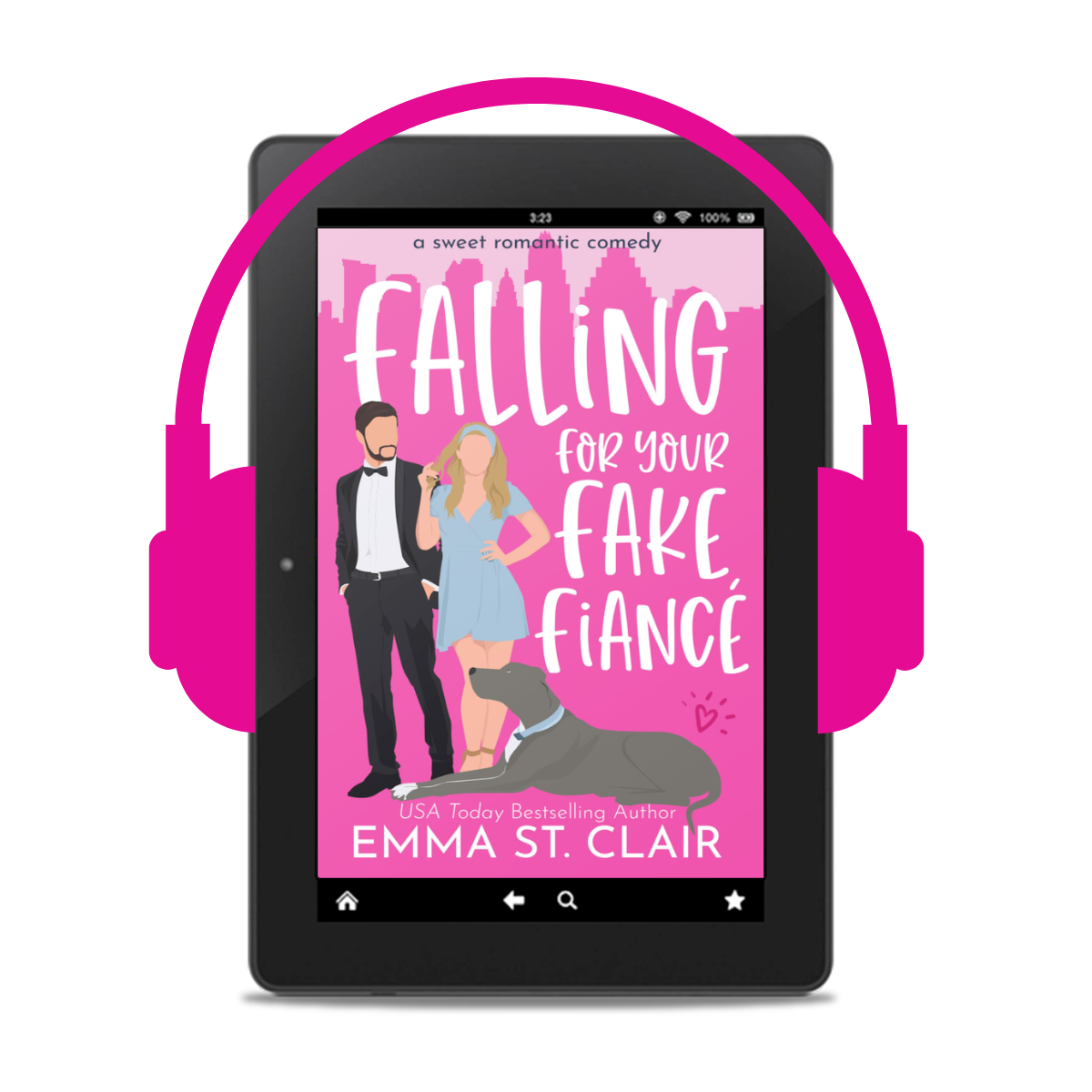 ereader with pink cover of Falling for Your Fake Fiance and earphone graphic