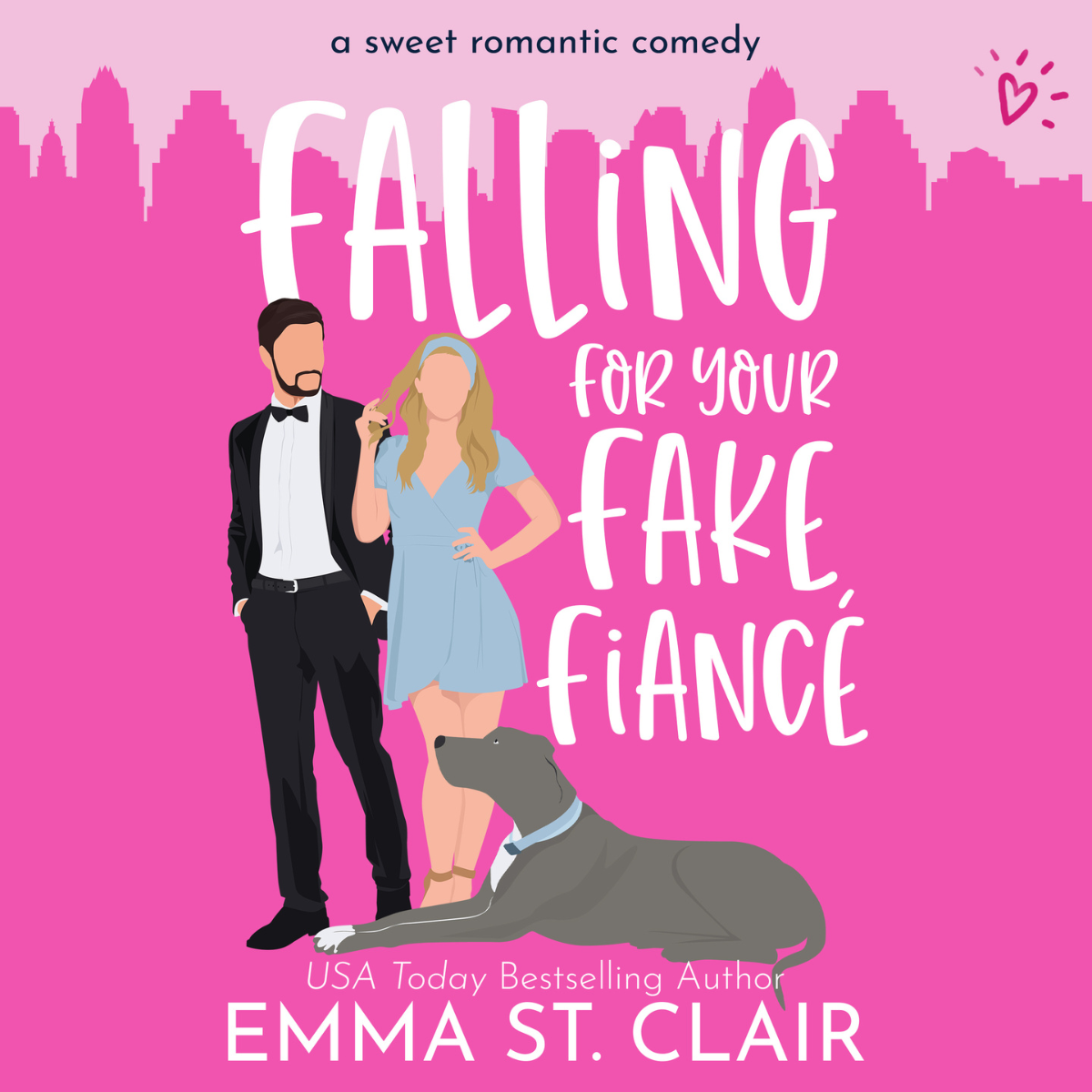audiobook cover of Falling for Your Fake Fiance with a pink background, skyline, and a couple with a great dane
